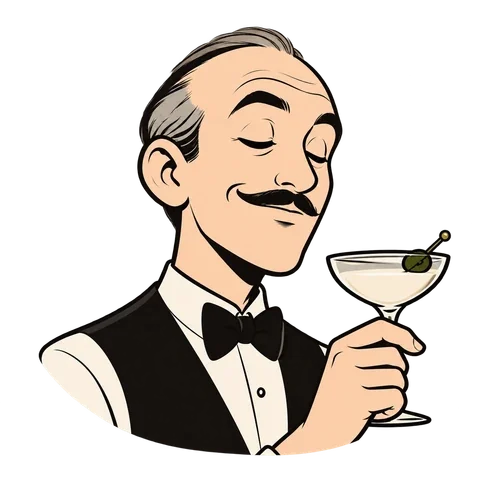 Alfred savouring a martini, eyes closed.