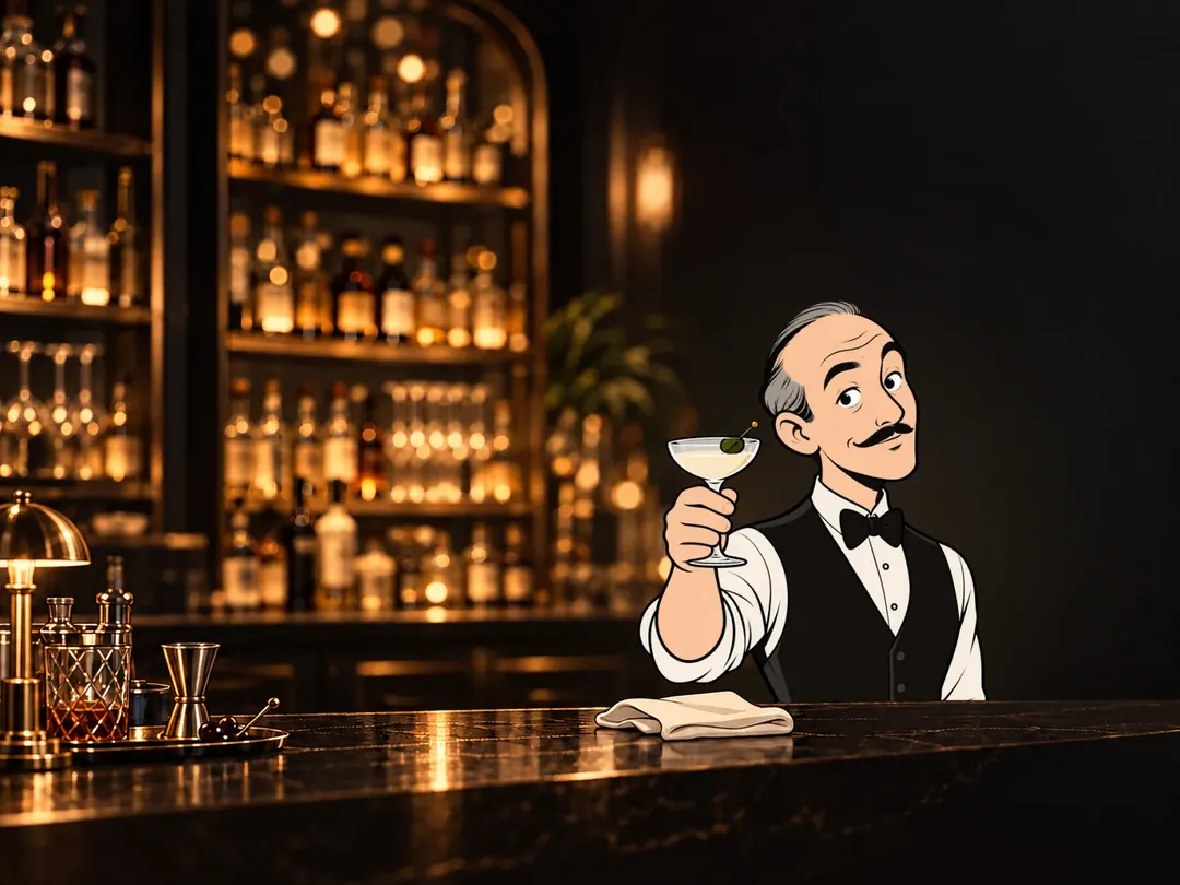 Alfred, the illustrated bartender, presenting a martini behind a dark marble bar, with shelves of bottles glowing behind him.