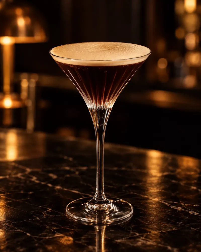 An espresso martini with a fine crema and three coffee beans, on a dark marble bar.