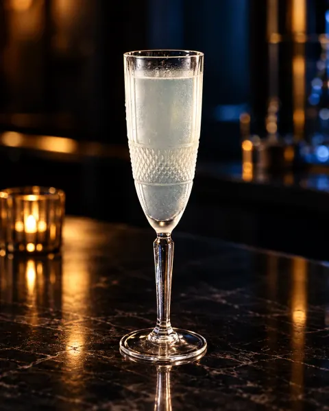 A French 75 in a tall cut-crystal flute.