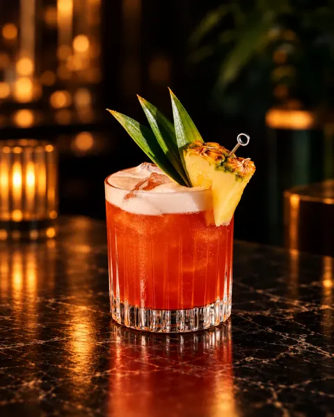 A Jungle Bird in a short glass, garnished with pineapple.