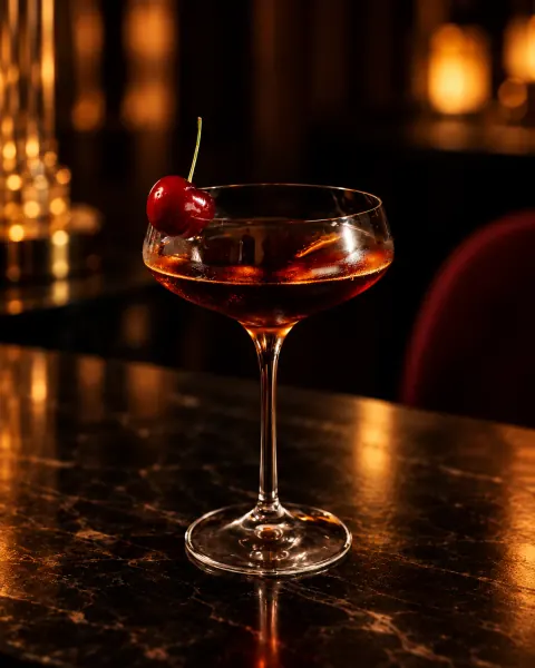 A Manhattan in a coupe with a cocktail cherry.