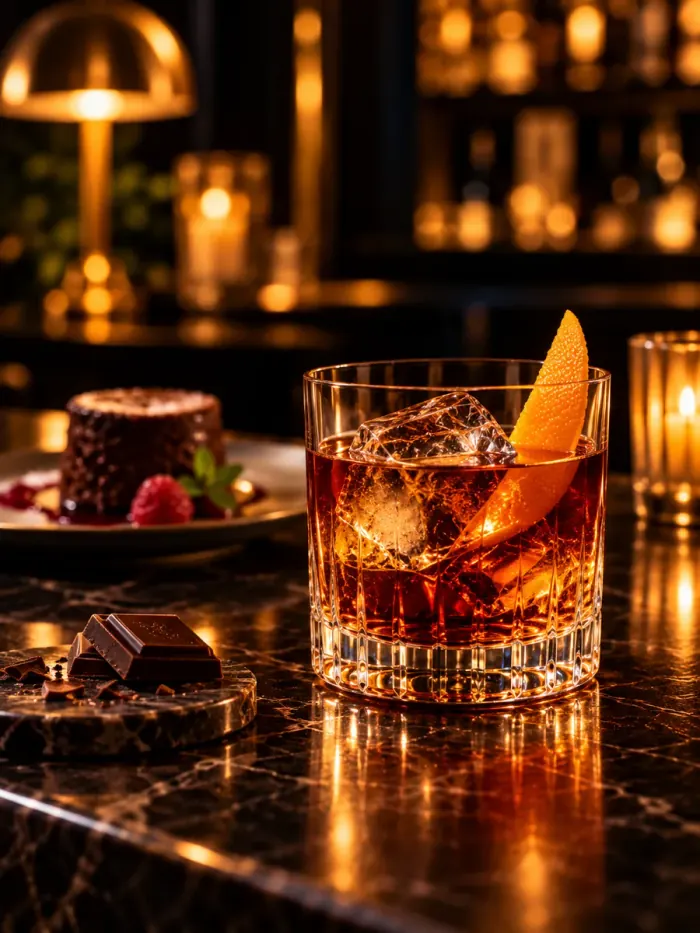 A short drink with orange next to a chocolate dessert.
