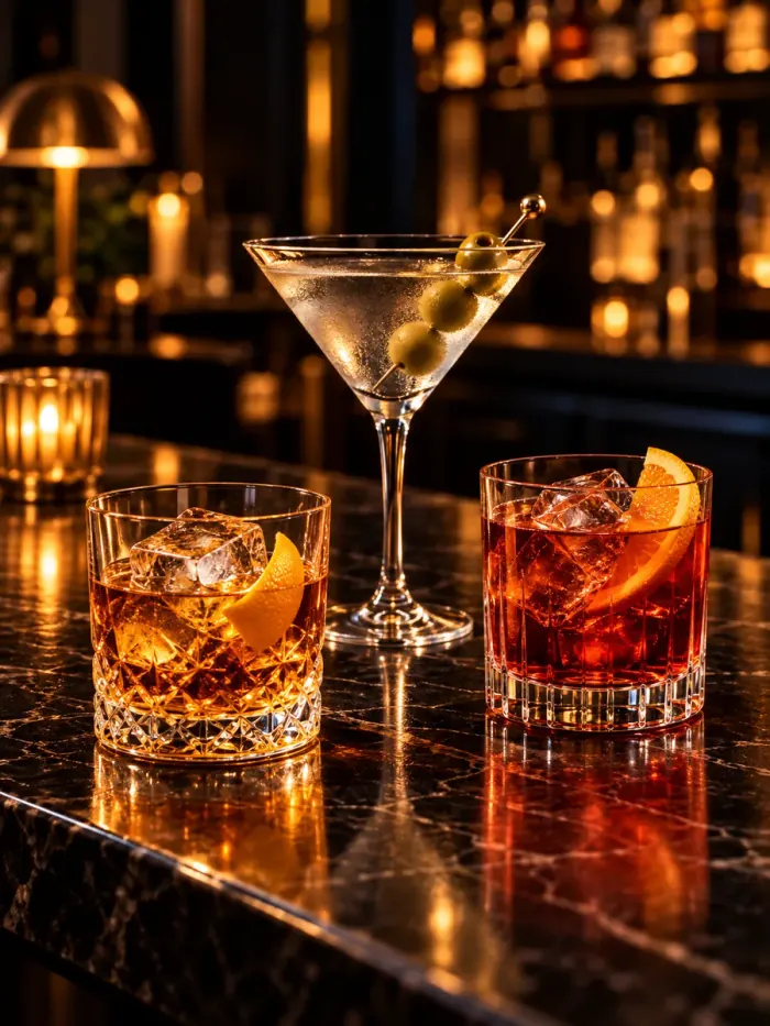 A martini and two short drinks with orange on a candlelit bar.
