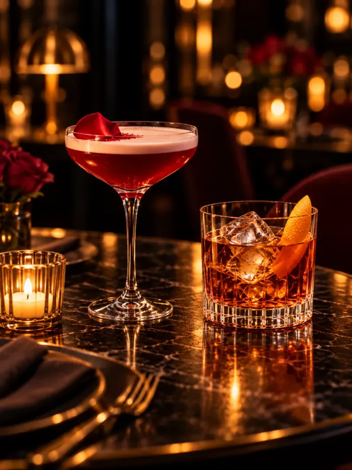 A red coupe cocktail and a short drink beside a dinner table set for two.