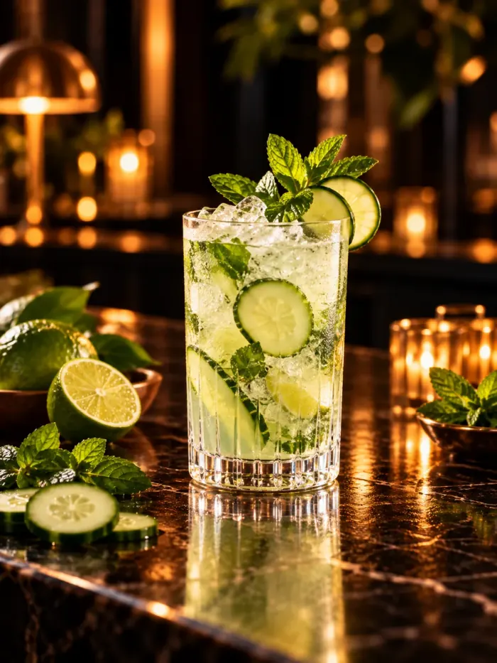 A tall alcohol-free drink with cucumber, lime and mint.